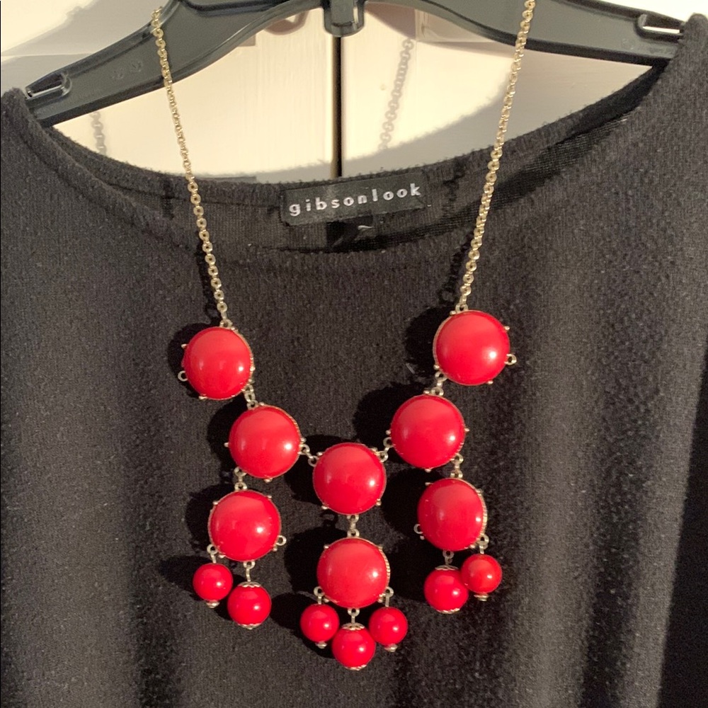 Red Statement Necklace with Cascading Spheres and Gold Chain EUC